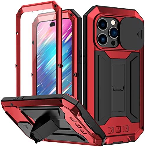 Compatible with iPhone 14 Pro Max Case with Screen Camera Protector Kickstand Rugged Military Metal Heavy Duty Waterproof Case with Stand Slide Camera Cover for Man (Red)