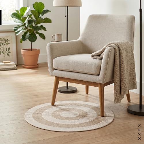 Image of Encasa XO Reversible Round Rug Handwoven Natural Fiber Carpet Braided Area Rug | Neutral Boho Rug for Living Room, Bedroom, Nursery | Washable Area Rug Two Tone | Beige & Off-White (60 cm) | 2 Ft