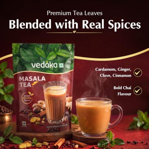 Image of Amazon Brand - Vedaka Masala Tea 1 Kg | Classic Indian Spiced Chai | Rich Aroma & Strong Flavour | No Artificial Colours | Low Caffeine | Perfect for Milk Tea & Daily Use