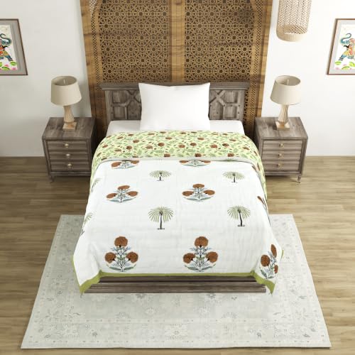 Image of BLOCKS OF INDIA Cotton Single Size Quilt Hand Block Print for Light Winters (60x90 Inches) (Open Green Motifs)