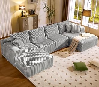 WorthFurni Cloud Modular Sofa Couch with U-Shape Chaise and Big Ottoman Modern Sectional with Deep Seat, Upholstered Couches for Living Room,No Assembly Required, Plush Corduroy Fabric 139.37"(Grey)