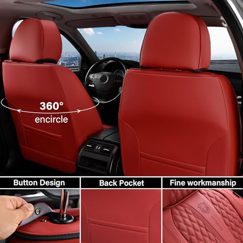 Image of Coverado Car Seat Covers Front Seats, Luxury Faux Leather Red Seat Covers for Cars Waterproof Seat Covers with Lumbar Support, Car Seat Protector Universal Fit for Most Cars SUV Truck(Front, Red)