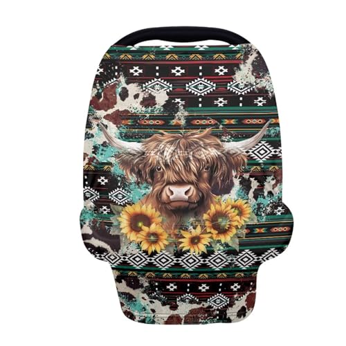 Image of JOAIFO Highland Cow Print Baby Carseat Cover Sunflower Nursing Cover Fashion Carseat Covers Baby Nursing Cover Toddler Boy Girls Breastfeeding Canopy Infant Stroller Cover Car Seat Canopy