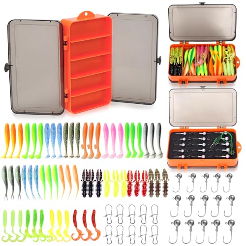 Kit de Señuelos de Pesca, Caja de Equipamiento con 91 Piezas incluyendo Cola Swimbaits, Gusanos Suaves, Cabezas Jig para Pesca, Líderes y Anzuelos miniatura 1
