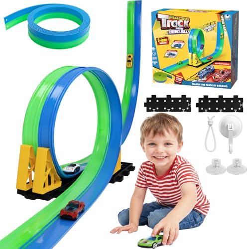Flexible Autorennbahn Kinder 4.5M Doppelspur Rennstrecke Tragbare Rennbahn mit 4 Autos Rennwagen Auto Rennspiel Spielzeug Indoor Outdoor Geschenke für Jungen Mädchen ab 3 Jahren (Blau&Grün)