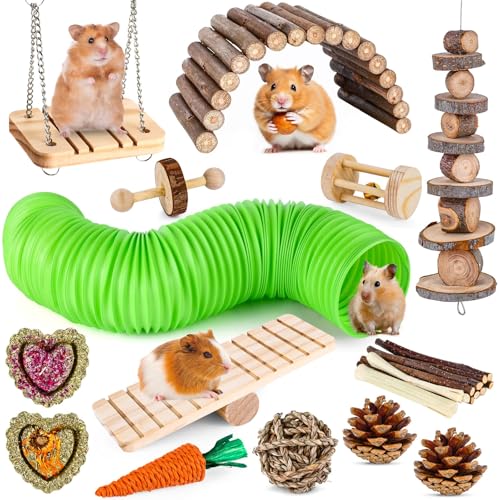 Hamster Toys Set, Guinea Pig Toys Rabbit Toys Small Animal Chewing Toy and Rat Cage Accessories, Chinchillas, Gerbils, Rats, Rabbit Rodents Teeth Care, Toy Swing Seesaw Bridge Guinea Pig Tunnel