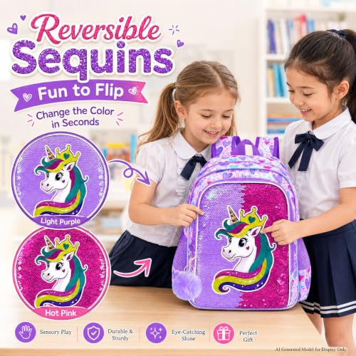 Image of 3Pcs Unicorn Backpack for Girls, 16 inch Sequin Bookbag Set for Kids, Elementary Preschool Preschool School Backpacks with Lunch Box (Purple)