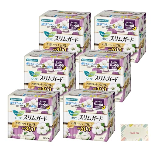ロリエ スリムガード 天然コットン100パーセント 多い夜用300 14コ入 6個セット + Kunutonnオリジナルロゴ入りe おまけ付