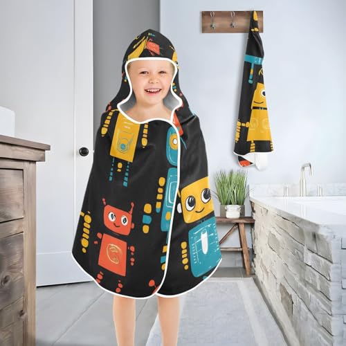 Image of Dark Background Robot Hooded Beach Towel for Kids, Kids Bath Hooded Towels for Boys Girls, Super Soft Absorbent Bathrobe with Hood for Swin Pool 50 inchx23.5 inch