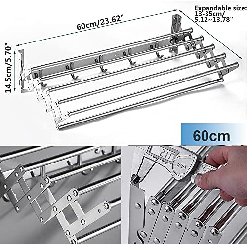 Wall Mounted Clothes Rail Airer with Hooks Stainless Steel Folding Space Saver in Laundry Balcony Bathroom Easy to Install Maximum Load 35kg Metallic Silver