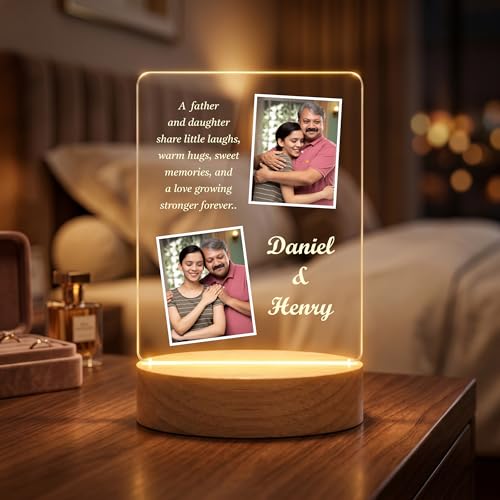 Image of Giftplease Fathers Day Personalized Rectangle Acrylic LED Frame - Custom 2 Photo Wooden Stand Tabletop Showcase For Grandpa Birthday, Dad, Stepdad, Husband Anniversary Meaningful Keepsake