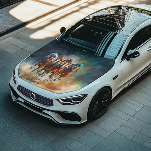 Image of Car Hood Cover Car Hood Wrap Blankets Horse Stretchable Vehicles Banner Auto Decorative Accessories for Compact Sedans SUV Trucks (59x39 Inch)