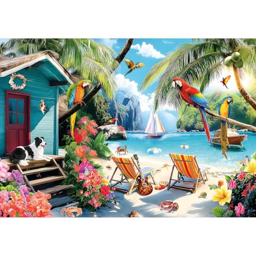 MAXZN 2000 Piece Puzzle for Adults, Puzzles for Adults 2000 Pieces, Summer Beach Parrots Dog Jigsaw Puzzles, Challenging Puzzle Perfect for Game Nights, 39' X 28'