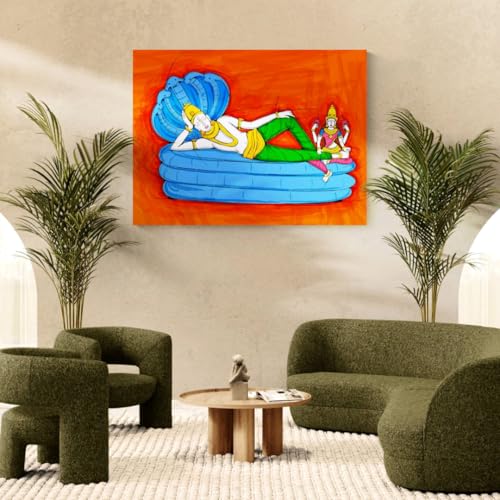 Image of ARTEBELLA Vishnu Reclining on Shesha Naag Canvas Wall Art, Vibrant Orange, Indian Mythological Theme, Home Decor (31.5 in X 42.75 in)