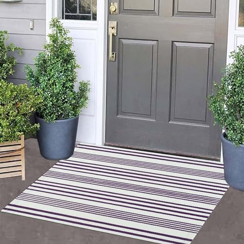 Alfombra de exterior a rayas moradas y blancas de 24 x 35 pulgadas, lavable a máquina, alfombra de bienvenida de algodón tejida a mano para porche delantero/entrada/lavandería/baño/dormitorio
