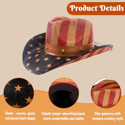 Image of Evankin American Flag Hat, USA Western Cowboy Hat on July 4th | American Flag Hat, 4th of July Patriotic Hat,USA Western Cowboy Hat, Straw Weaving Star,Summer Sunhat for Men and Women