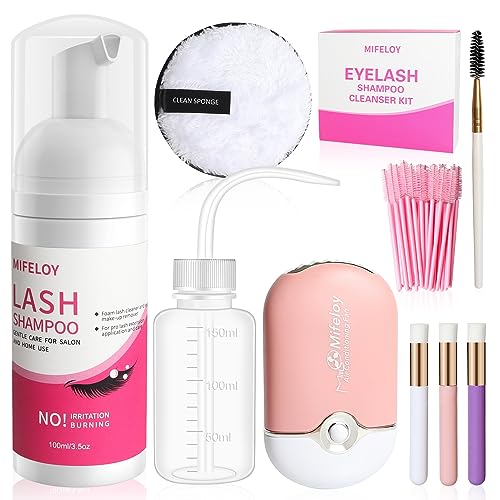 9 Pcs Wimpernverlängerungen Set für Salon Heimgebrauch, Augen WimpernShampoo, Miniatur USB Wimpern Föhn, Entferner Augenpads, Wimpernbürsten Einweg, Reinigung Pinsel, Mascara Bürsten, Waschen Flasche
