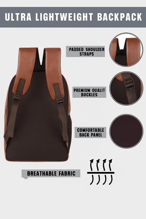Image of Laptop Backpack for Men & Women | Black Faux Leather Office & Travel Bag 40L | Spacious Laptop Compartment | Front Organizer Pocket | College, Business & Daily Use