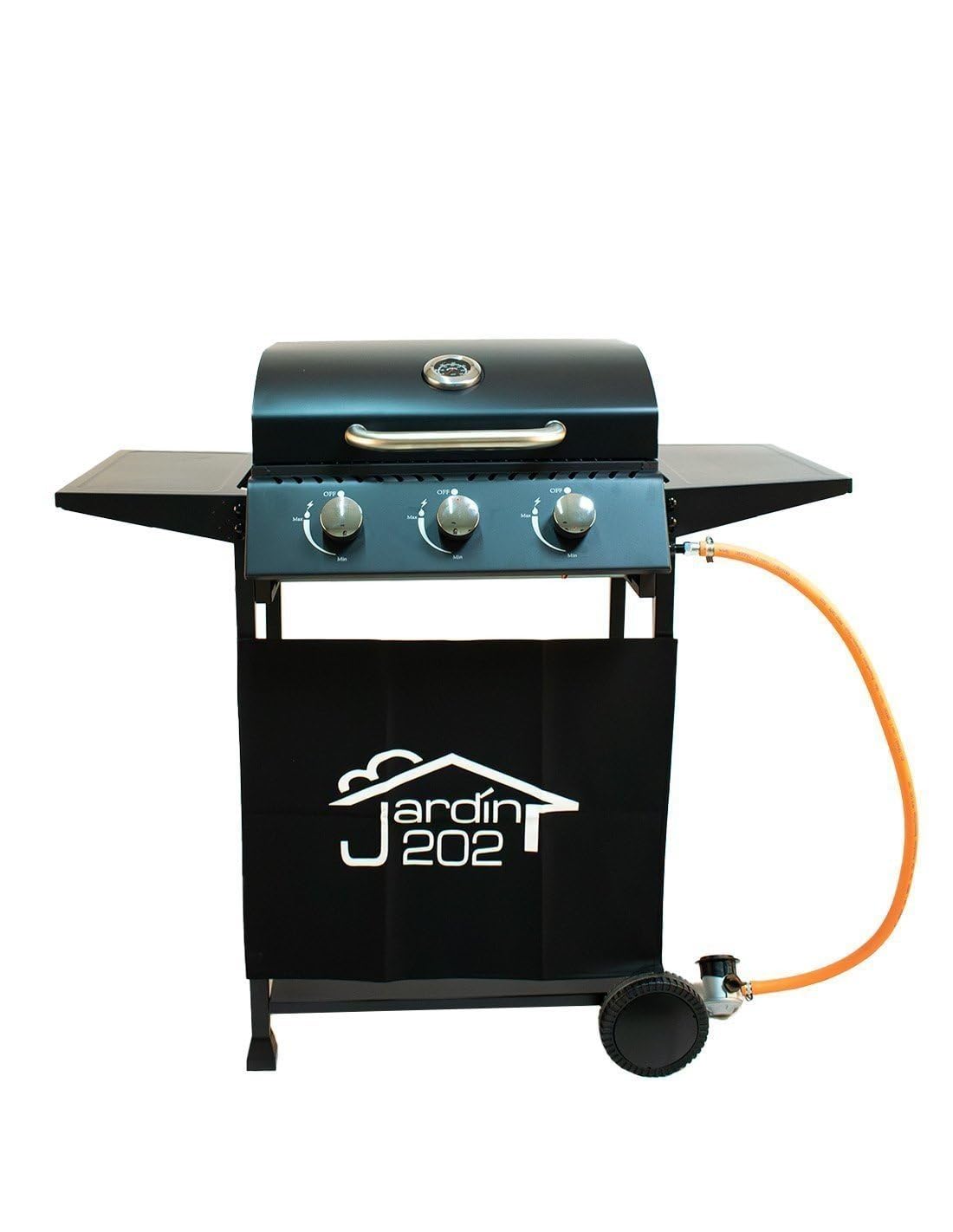JARDIN202 - Barbacoa Gas Alaska 3 Quemadores | Parrilla Gas con Tapa y Ruedas | Termometro | Mesas Auxiliares Plegables | (Negro)