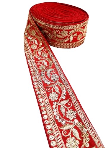 Image of Embroidery Gold Work with Sequence Design Lace Border Falls for Saree, Kurti, Dresses, Bandhani, Lehenga, Decorative Ribbon (6.5 cm Width) (3 Meter, Red)