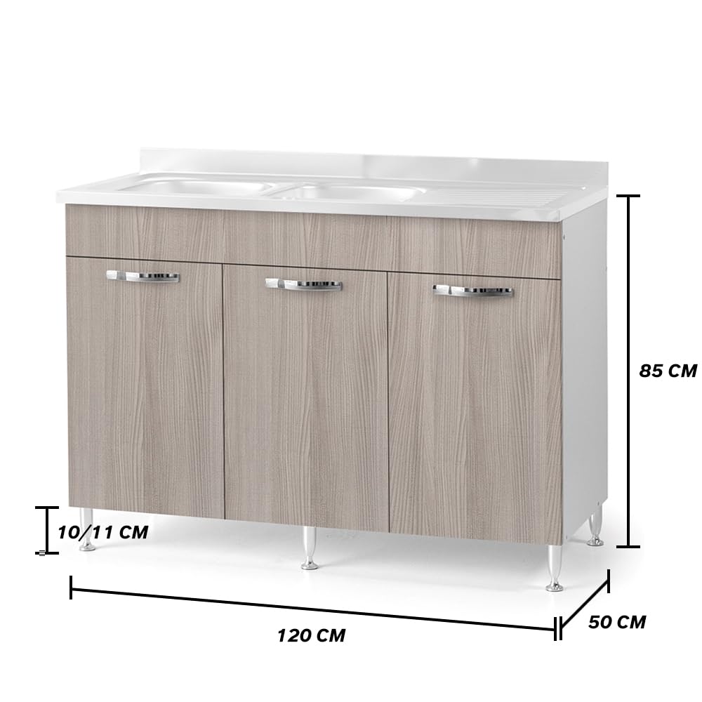 REDÒKASA Sottolavello per cucina componibile da 120 cm con tre ante, realizzata in legno 100% MADE IN ITALY (Con Lavello Vasche a Destra, Olmo)
