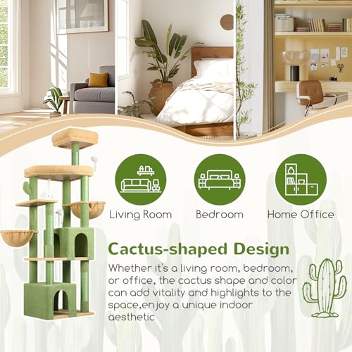 Image of Globlazer Cactus Sturdy Cat Tree for Indoor Cats 20 lbs, S68, Green | 68-inch Large Cat Tower for Adult Big Cats, Heavy Duty Cat Tree with Extra Large Platform, 5 Scratching Post