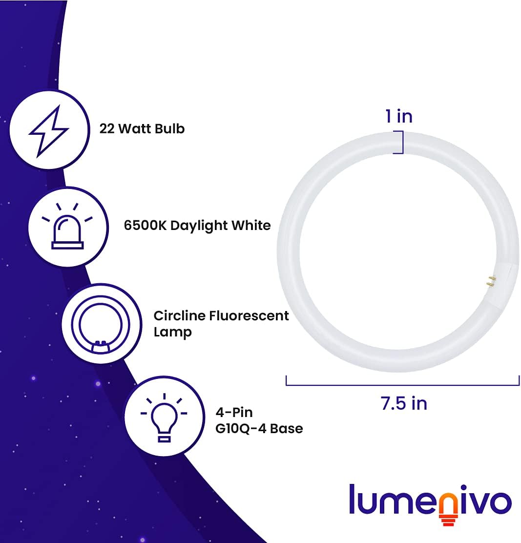 lumenivo FCL22T5/D Replacement Bulb for Rialto 7085-8 T5 22W, 4-Pin (G10Q-4) Fluorescent Circular Light Bulb - 7.5 Inch Diameter Bulb for Round Lighted Vanity Mirror - 6500K Daylight - 1 Pack