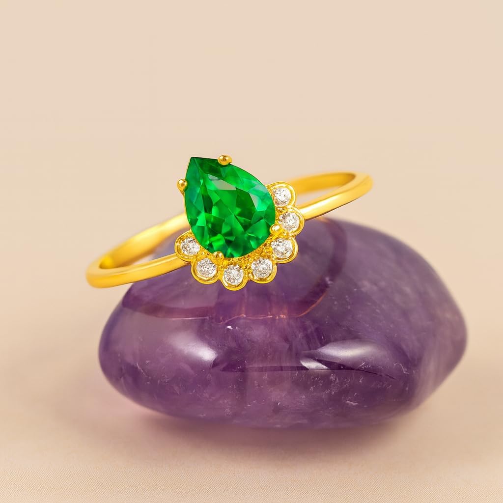 14K Solid Gold Pear Cut Emerald Ring