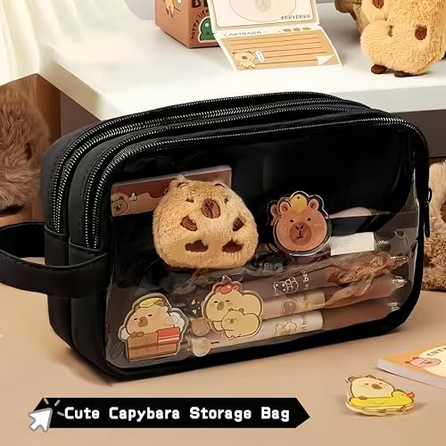 Image of Kawaii Capybara Pencil Case Kit with Plush +Notepad+Pendant+Stickers+Binder clips+Diary Clip+Pens, 5-Layer Large Capacity Capybara Stationery Set Gifts for Office, Makeup. (Black)