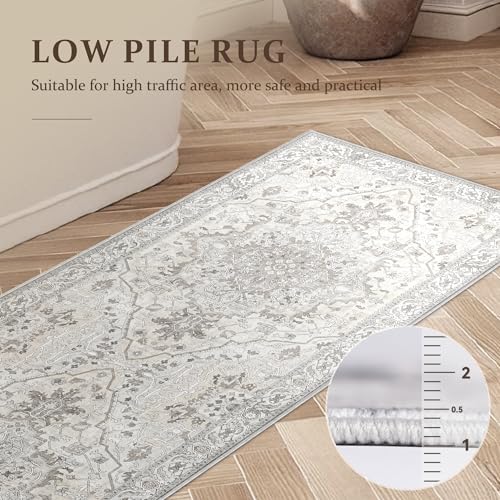 Deerly Runner Rug 3x8 Washable Vintage Area Rugs for Hallway Bohemian Non-Slip Low-Pile Floor Carpet for Kitchen Bathroom Bedroom Dining Room, Beige/Multi
