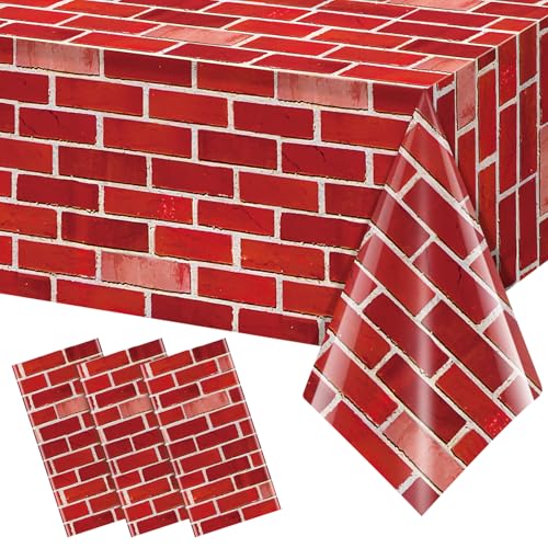 3 Pack 108x54 inch Red Brick Tablecloth Brick Wrapping Wallpaper Backdrop Disposable Plastic Rectangular Table Covers Background for School Home Birthday Holiday Halloween Christmas Decorations