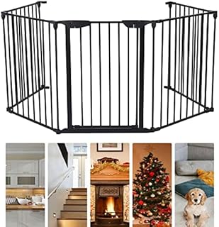 Nisorpa 5 Panel Baby Safety Gate Large Fireplace Hearth Fire Guard Indoor Barrier Metal Pet Dog Cat Stair Room Divider Playpen Fence with Freestanding Door(Black,300cm)