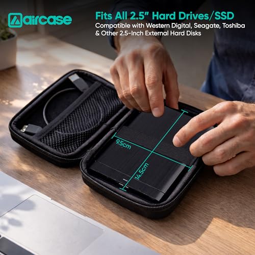 Image of AirCase Rugged Hard Drive Case for 2.5-inches Western Digital, Seagate, Toshiba, Portable Storage Shell for Gadget Hard Disk USB Cable Power Bank Mobile Charger Earphone, Water Resistant (Black)