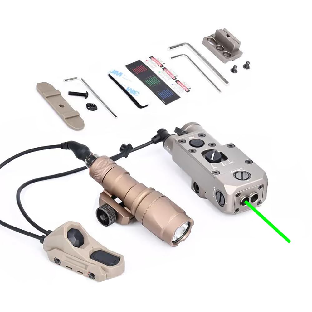 Metal CQL-1 Box Aiming Laser Sight Indicator(with Green Laser + IR Laser), & M300A Strong LED White Flashlight, & AX Modular Dual Wire Remote Pressure Switch(SF+2.5 Plug) Combo, Tan