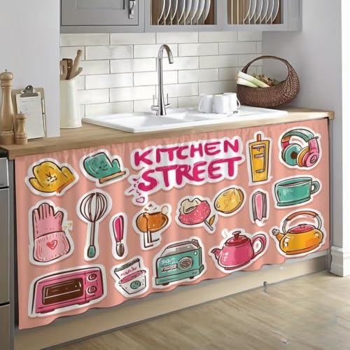 Image of Premium Printed Kitchen Sink Curtain | Washable & Dustproof Rod Pocket Counter Skirt | Perfect For Any Sink | Multicolor Cooking Theme Decor for Home & Kitchen(150cm X 70cm) (Kitchen Street)