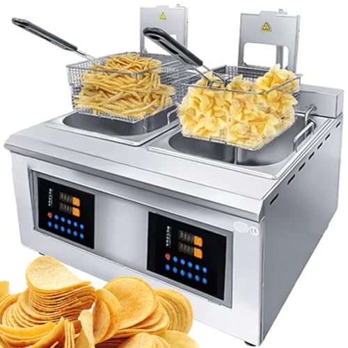 Friggitrice Elettrica Professionale, Doppia Vasca con Sollevamento Automatico E Controllo della Temperatura, Ideale per attività di Cucina con Grandi Volumi di Patatine Fritte.