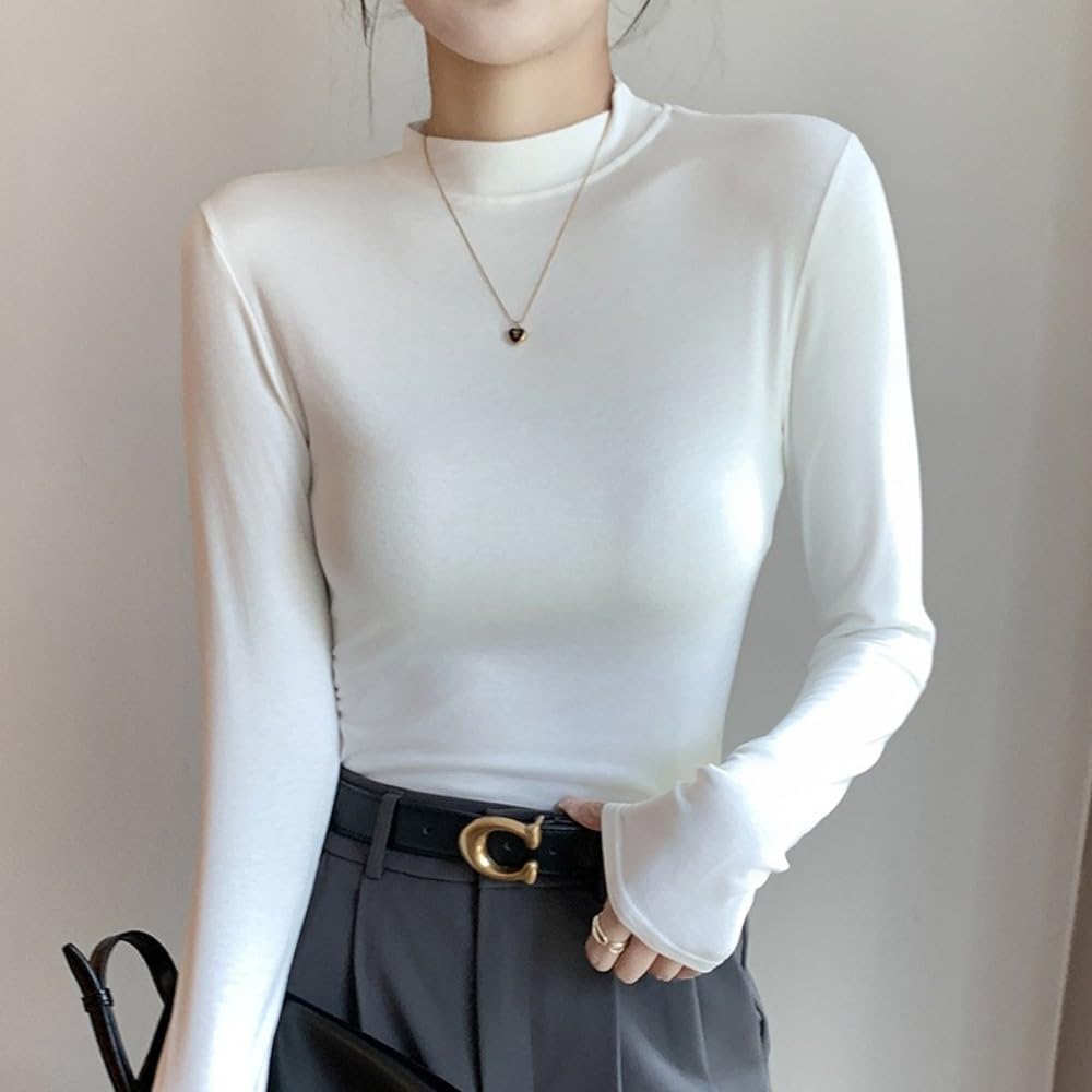 Half High Neck Long Sleeve Blouse Modal Fall Winter Solid Color Slim Fit Basic Lightweight Base Layer Top for Women