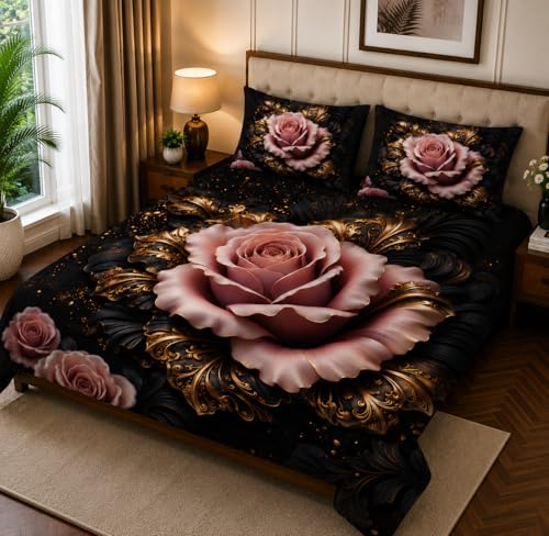 Image of 7D Digital Printed King Size Bedsheet | 240TC Premium Cotton Feel Microfiber with 2 Pillow Covers | Soft Breathable & Wrinkle Free Bedding Set | (BlackFloral, King Size-225x250CM)