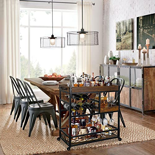 Ohsuaniy Bar Cart Industrial Kitchen Serving Carts For Home 3 Tier Storage Trolley With Wine Rack Glasses Holder Two Portable Trays Universal Casters With Brakes Rustic Rolling Cart Alcoholic Beverage #TOP1