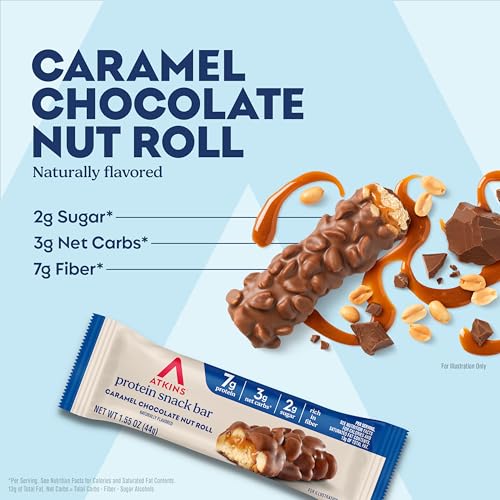 Image of Atkins Caramel Chocolate Nut Roll Snack Bar, Protein Snack , 7g Protein, 2g Sugar, High Fiber Snack, 16 Count