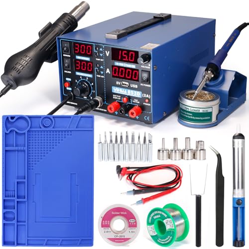 Image of YIHUA 853D 2A USB Professional Soldering Rework and Power Supply Station bundle with 17.32 inch x 12.20 inch M180 Electronic Repair Mat with Iron Holder, Soldering Cleaning Kit, and Accessories (26 Items)