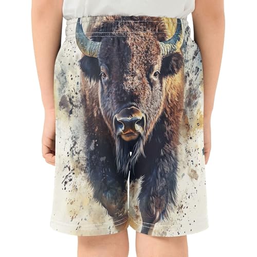 Bison Watercolor Animal Shorts Casual for Boys Trendy Athletic Shorts Funny Pj Kids Trunks 7-83