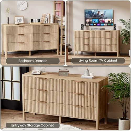 Image of 55 Inch Wide Fluted 6 Drawer Dresser for Bedroom, Wooden Dresser Modern Chest of Drawers TV Stand Dressers with Organizer Storage for Bedroom, Living Room, Entryway, Oak