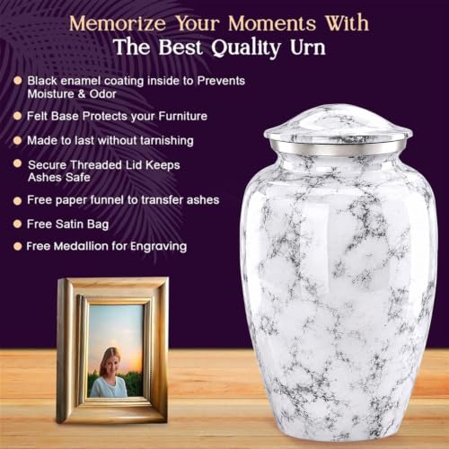 Image of White Cremation Urns for Human Ashes Adult Female & Male with Customizable Medallion | Elegant White Marble Finish Metal Memorial Urn for Men & Women | Decorative Funeral Urns - Large, 220 lbs