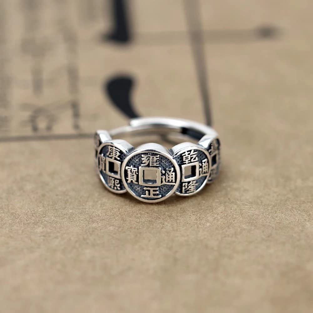 JUNTEN - Anillo de plata de ley 925 de 13 mm de ancho, Feng Shui, rico, abierto, ajustable, para mujer