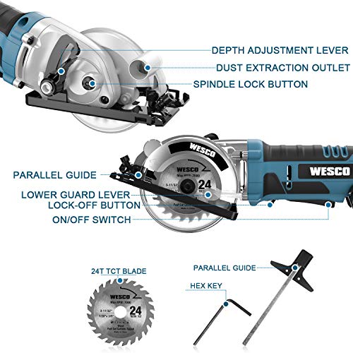 Cordless Circular Saw, WESCO 20V 3-3/8'' Mini Saw with 2.0Ah Lithium-Ion Battery and 1H Charger, MAX Cutting Depth 1-1/8