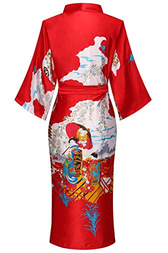Old-to-new Women's Long Kimono Robe Silk Bathrobe with Pockets-Multi-Pattern,Pagoda Red S - Thumbnail 3