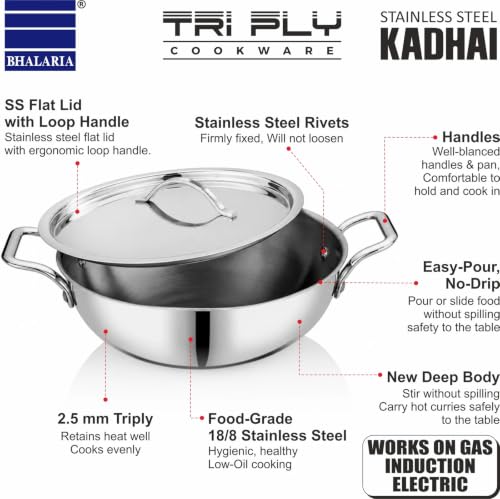 Image of Bhalaria Triply Stainless Steel Kadhai with Lid & Handle 30cm 4.5 Litre | Induction Base Heavy Gauge 3 Layer Body | Large Deep Fry Pan Wok for Sabzi & Curry | Gas Compatible | Dishwasher Safe