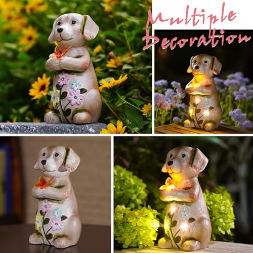 Goodeco Hund mit Schmetterling Solar Deko Figur - Gartenfiguren & Balkonschmuck für Terrasse, Rasen & Außenbereich | Geschenkideen für Frauen, Mutter & Oma | Wetterfeste Gartendekoration in Braun