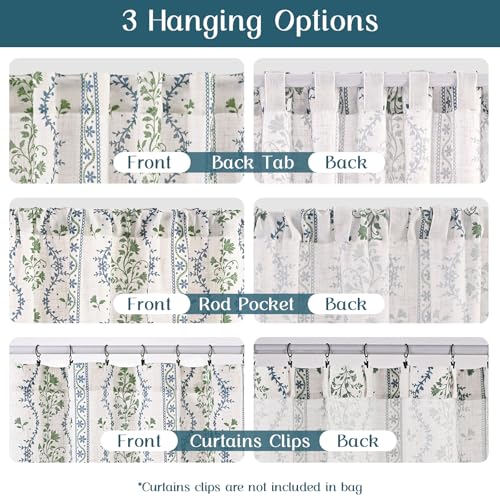 Image of Yinhua Boho Curtains for Living Room 84 Inch Length Vintage Linen Curtains for Bedroom Light Filtering Window Curtain Rod Pocket & Back Tabs Rustic Tassel Drapes with Tiebacks, Blue Green Floral